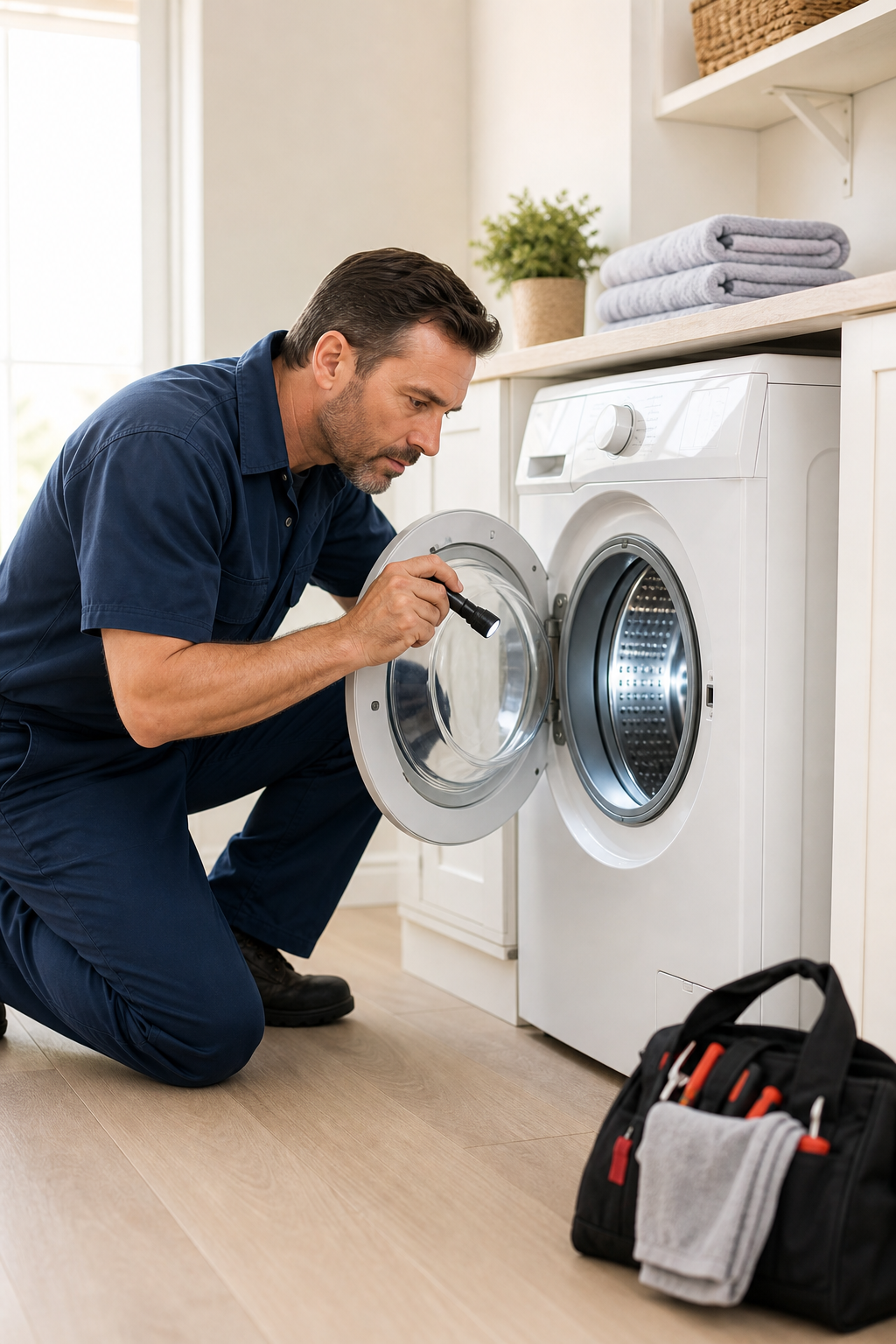 Technician repairing a washing machine at home