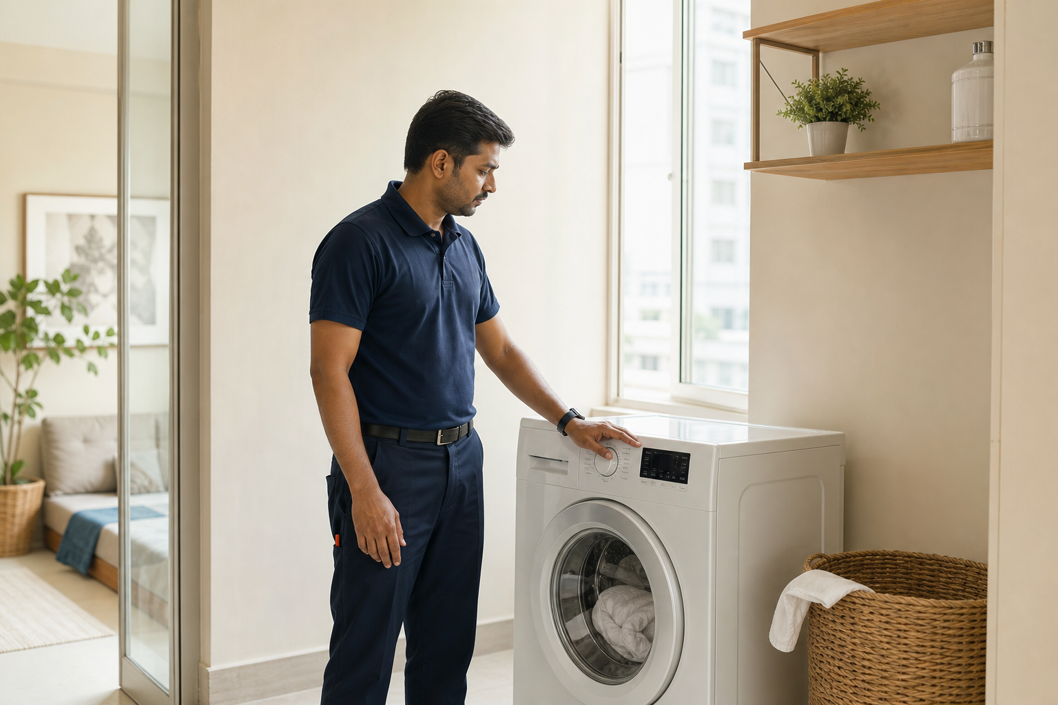 Technician checking a washing machine at home